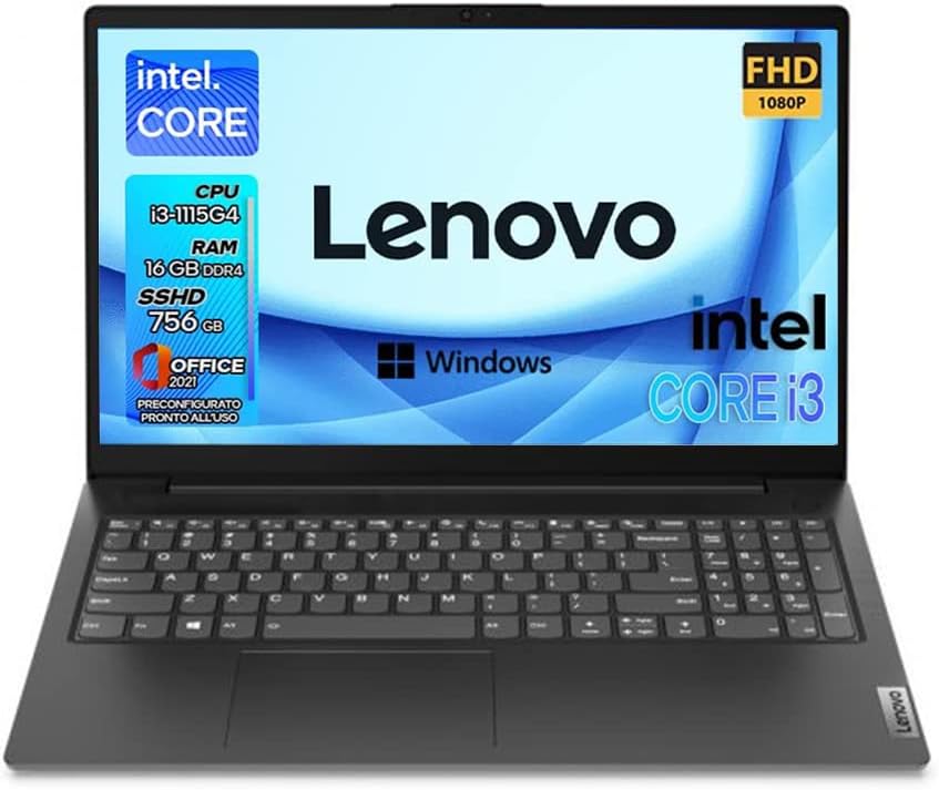 Lenovo Notebook, Pc portatile intel i3 | 1115G4 | 16gb Ram ddr4 | Display 15.6 Full Hd | SSHD 756 Gb | Wi fi, Bt | Windows 11 Pro | Office Pro | Computer portatile pronto all’uso |