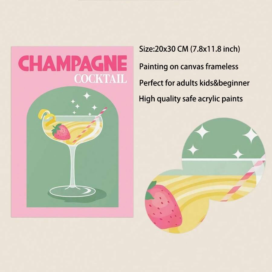 Miniatura 6 de Paquete de 6 pinturas de cóctel retro por números para adultos principiantes, vintage fácil de pintar por números sobre lienzo, kit de pintura al