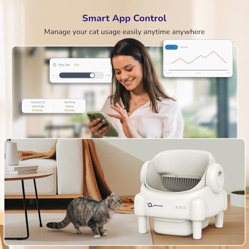 Image of Petverse Automatic Cat Litter Box Self Cleaning for Multiple Cats, Smart App Enabled, Large Waste Capacity, Odor Eliminator, Works with Clumping Litter, Liner Bags and Mat Included