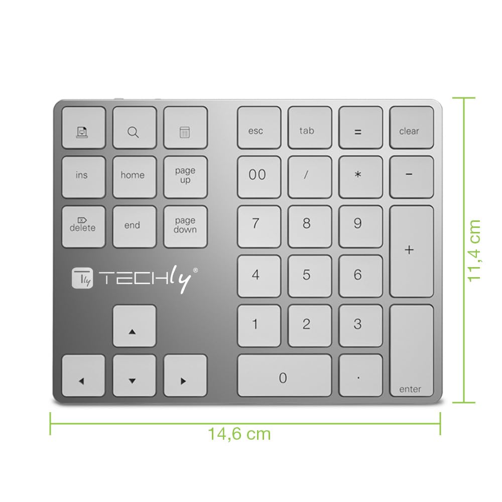 Techly 622694 - Teclado numérico BT V3.0 inalámbrico de 34 teclas, plateado, gris, plateado