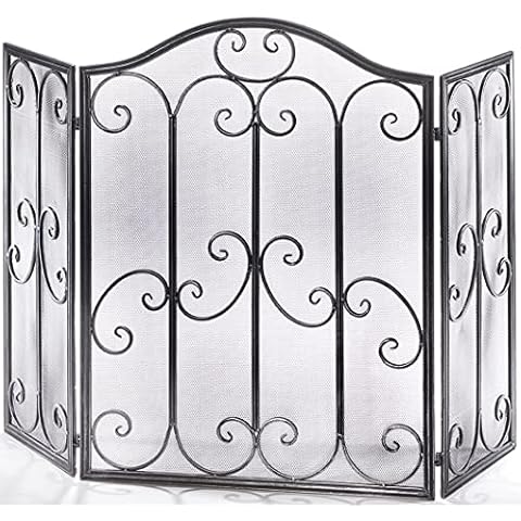 Kobolo Kaminschutzgitter Funkenschutz aus Metall schwarz Silber gebürstet 85 cm hoch Cover