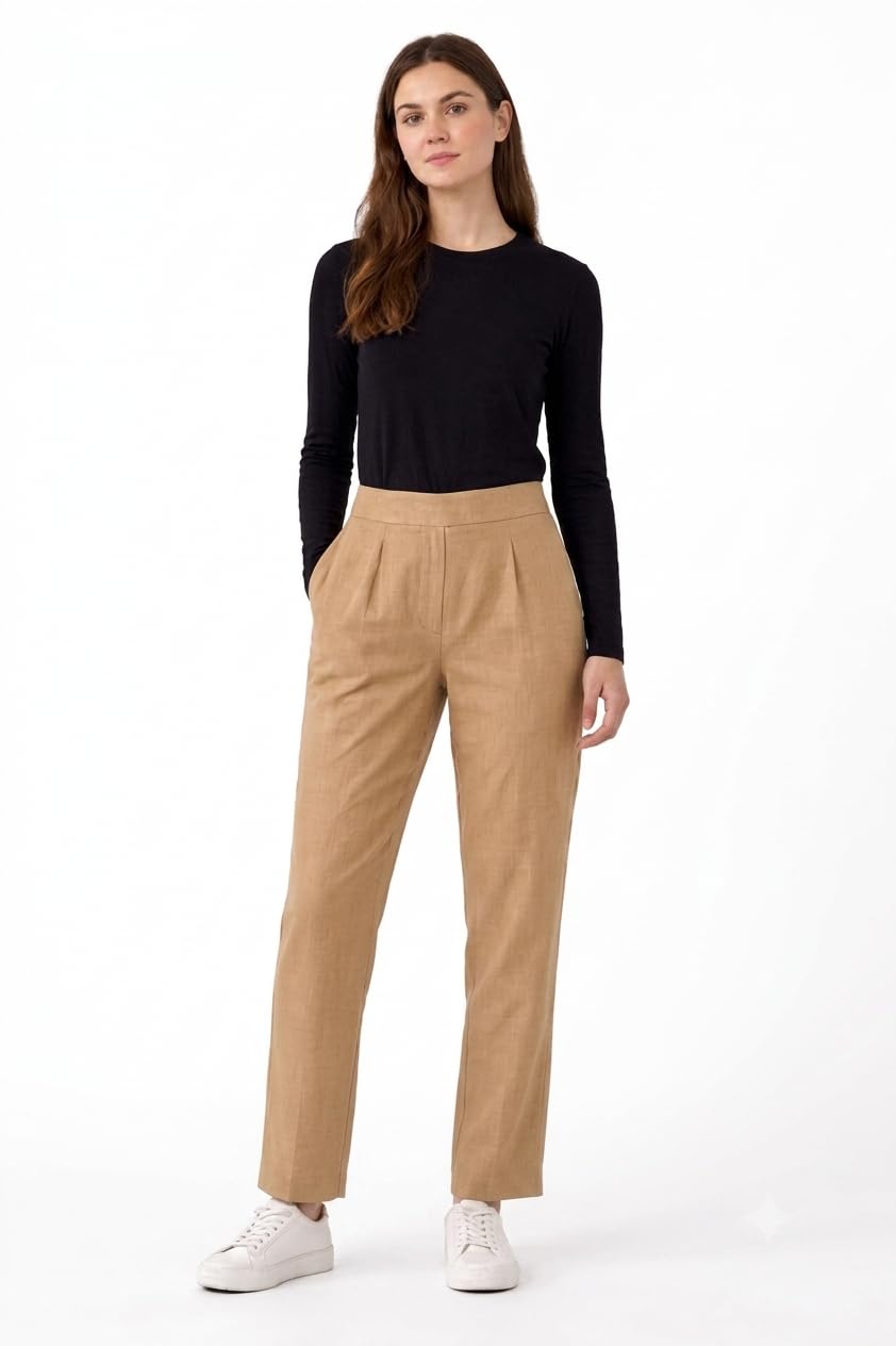 Women's Slim Fit Cotton Trousers | Casual Solid Ankle-Length Pants with Side Pockets | Comfortable Office Trousers for Women |Elite_Pant_Light Tan_17-picture-13