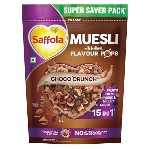 Image of Saffola Muesli Choco Crunch with Flavour Pops, 700 gm | 15 in 1 Fruit and Nuts, Seeds, Millet & more | Cereals for breakfast rich in wholegrain, protein, fibre