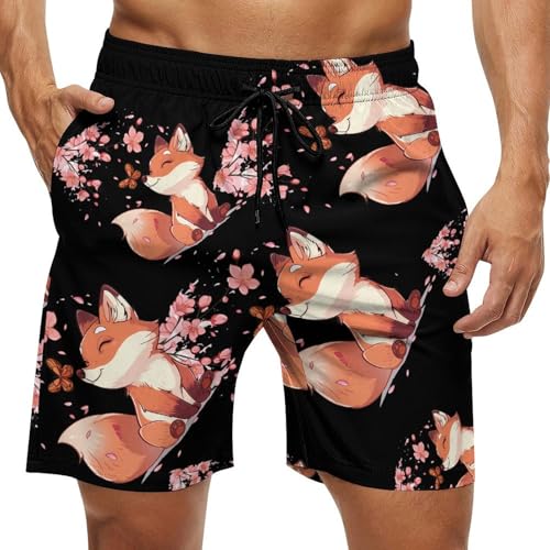 Japanese Fox Cherry Flower Trees Men's Swim Trunks Lightweight Bathing Suit Board Shorts Hawaiian Beach Swimwear