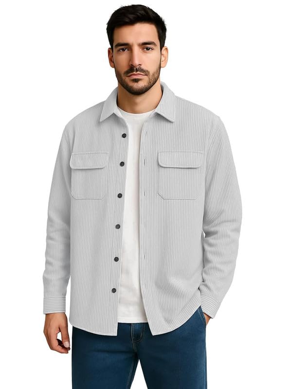 Image of DEELMO Men's Full Sleeve Corduroy Shirt | Stylish Textured Casual Button-Down Shacket for Autumn Winter | Dual Pocket Front Design | Ideal for Layering and Daily Outfits