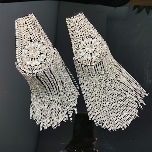 Image of Fashion rhinestone metal tassel epaulettes stage catwalk clothes accessories shoulder pad badge suit outer dress epaulettes DIY clothing accessories pins for men and women (one pair)