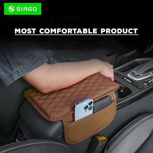 Image of SIAGO Car Armrest Cover Cushion with Storage Bags | Soft Center Console Protector Pad | Non-Slip, Waterproof & Durable | Universal Fit for Cars, SUVs & Trucks (Tan) SIA144