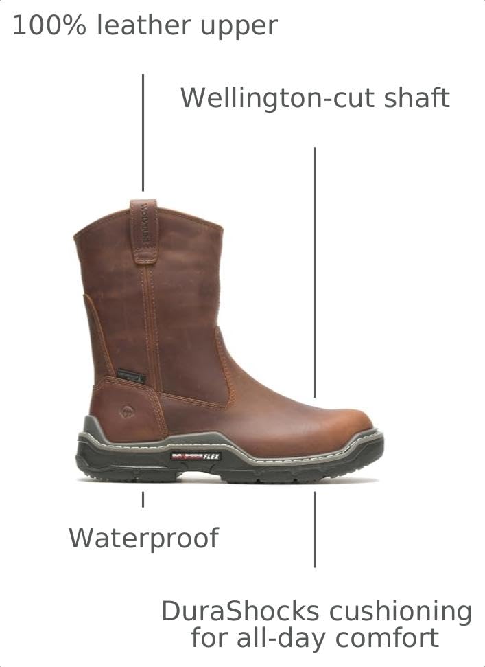 Image of Wolverine Men's Raider DuraShocks Wellington Waterproof Composite Toe Construction Boot, Peanut, 11 Medium