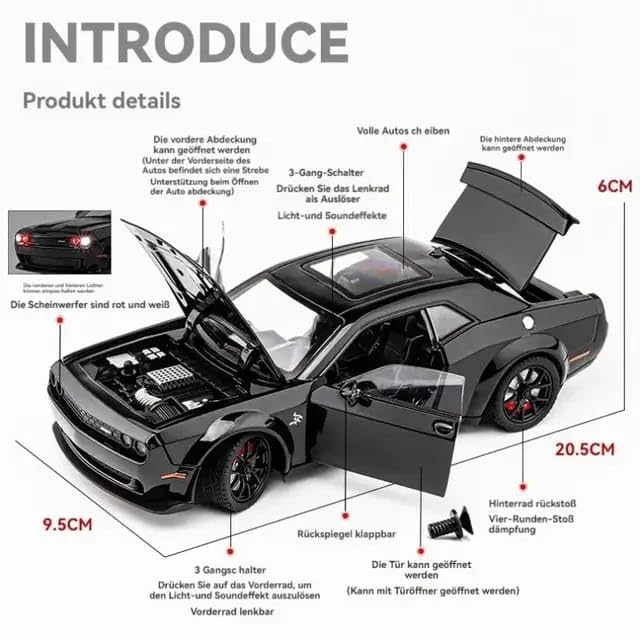 Image of Invite Enterprise 1:24 Dodge Challenger SRT Exclusive Alloy Metal Pull Back Die-cast Car Model with Sound Light Mini Auto Toy for Kids Metal Model Toy Car with Sound and Light(Black)