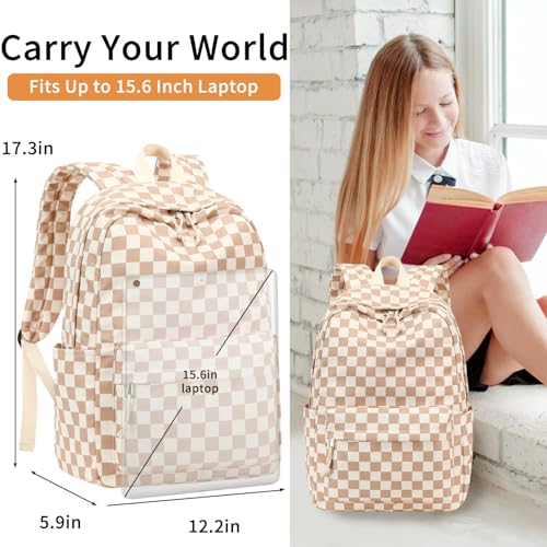 Image of LOIDOU Backpack for Girls School Backpacks Bookbags for Elementary Middle School Women Laptop Backpacks (Brown white checker, L-17)