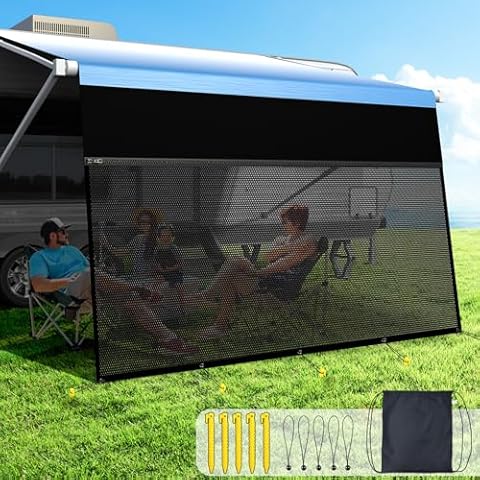 Fonzier RV Awning Sun Shade Screen with Zipper, 600D Top + Mesh Bottom, Sunscreen Shade Complete Kits for Trailer Awning 8' x 19'3'' Cover