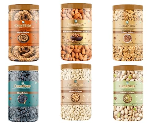 Image of CanaNuts 100% Natural Premium Dry Fruits and Nuts Combo Healthy Cashews, Almonds, Anjeer, Black Raisins, Pistachios, Chilean walnuts Kernel, Badam Kaju Pista Akhrot Kishmish | (100Gm X 6) 600 GM