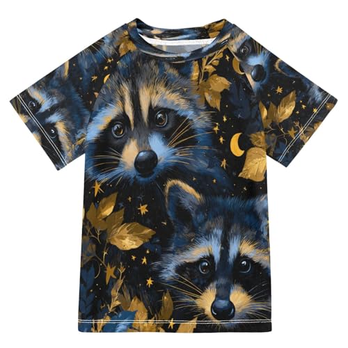 Boys Short Sleeve T-Shirts Raccoon Leaves Animal Rashguard Kids Swim Shirts Sun UPF 50+