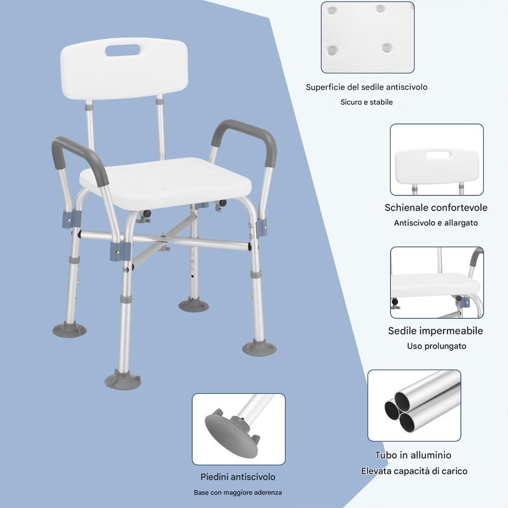 BAKAJI Sgabello da Doccia con Schienale e Braccioli, Struttura Alluminio e Seduta Ergonomica in HDPE, Sedile da Bagno per Anziani, Disabili e Persone con Mobilità Ridotta, Regolabile Altezza 78–88cm