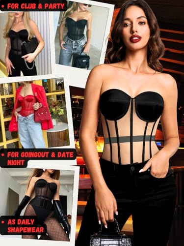 Image of Kaei&Shi Sheer Mesh Overbust Corset,Sexy Strapless Lace Up Satin Bra Corsets Top For Women Shapewear