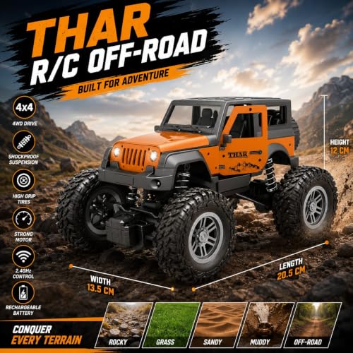 Image of Remote Control Off Road Rock Climbing Thar Car for Kids | 75+ Ft Range, Rechargeable USB-C, Mist Smoke Effect, LED Lights, Shock Absorbers, 2WD RC Jeep Toy Car for Kids (Color as Per Stock)