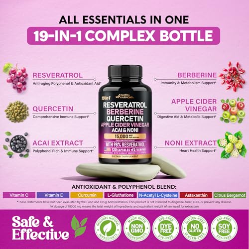 Nutraharmony Resveratrol Supplement - 15000Mg 19-In-1 Organic Polyphenol Complex - Noni Extract | Berberine | Quercetin | Apple Cider Vinegar | Acai - Made In Usa - Antioxidant & Heart Health Support thumb #3