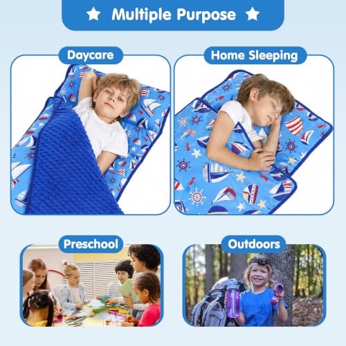 Image of Viviland Toddler Kid Nap Mat for Preschool, Boys Blue Bottomed Sailboat Slumber Bag, Daycare Sleeping Bag with Pillow and Blanket, Kindergarten Sleep Mat