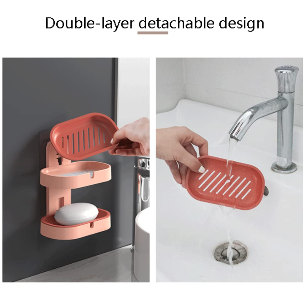 Jabonera, jabonera, de Pared con Drenaje automático, plástico diseño Doble Capa, Caja jabón Desmontable(Roze)