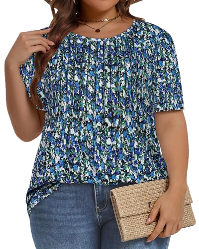 Image of Plus Size Tops for Women Pleated Summer Top Trendy Short Sleeve Shirts Casual Basic Tee Crew Neck Blouses 2026