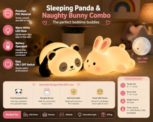 Image of Cubbie Cute Sleeping Panda & Naughty Bunny LED Night PVC Light Combo Pack of 2 | Soft Warm White Nursery Bedside Lamp (Sleeping Panda & Bunny)
