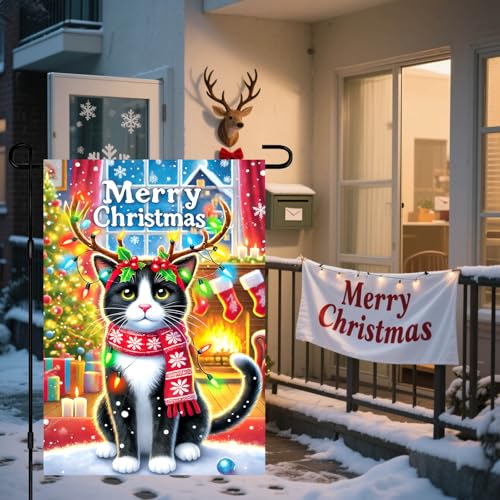 Image of BlissYard Christmas Garden Flag 12x18 Inch Cat Antlers Lights Yard Decor | Double sided polyester, cat with antlers and lights design, cat lover decor for Christmas porch and yard