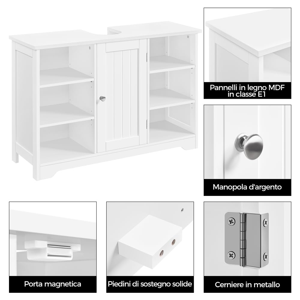 Yaheetech Mobile da Bagno Sottolavabo Mobiletto con Ripiani Portaoggetti Armadietto da Terra per Lavandino Mobile da Archivio con Anta in MDF 60 × 30 × 90 cm Bianco