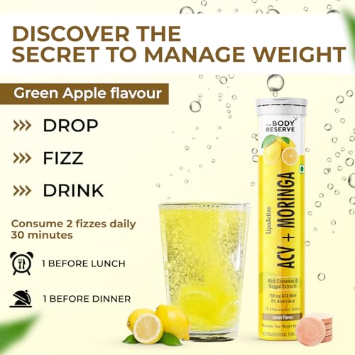 Image of The Body Reserve ACV Moringa Effervescent Tablets with Lemon Cider Vinegar, Cinnamon & Pomegranate | Supports Metabolism, Digestion & Energy | Lemon Flavor | Pack of 3 (60 Tablets)
