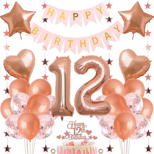 Jxuzh 12° Compleanno Decorazione Ragazza Oro Rosa: 33 Pezzi, Inclusi Striscione, Ghirlanda, Palloncini, Topper e Nastro