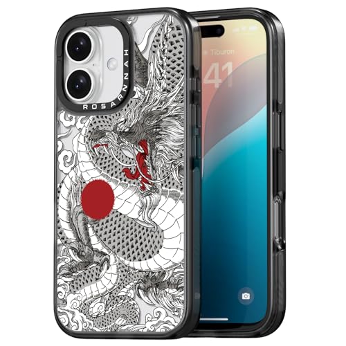 Coque iPhone 16 Rosarnnah motif dragon contre rayures et bris d'écran