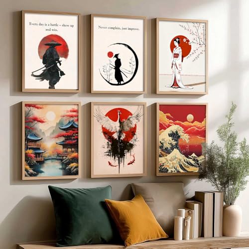 Image of HOTHOUSE Japanese Samurai Motivational Art Wall Framed Posters | Aesthetic Japanese Art Framed Poster for Living Room Bedroom Gaming Room Studio Wall Decor Set Of 6 (10X13 inch)