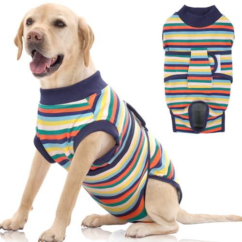 Image of FUAMEY Recovery Suit for Dogs After Surgery,Soft Breathable Dog Bodysuit E-Collar & Cone Alternative Surgical Suit,Male Female Dog Neuter Spay Suits Anti Licking Wounds Onesie Dark Blue Stripes XXL