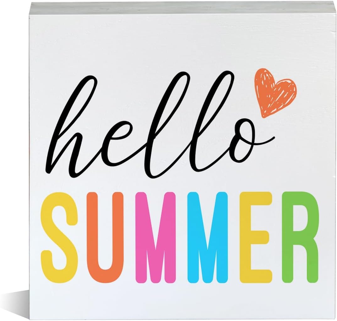 Hello Summer Box Sign 5x5 Inch Wooden Tabletop Decor