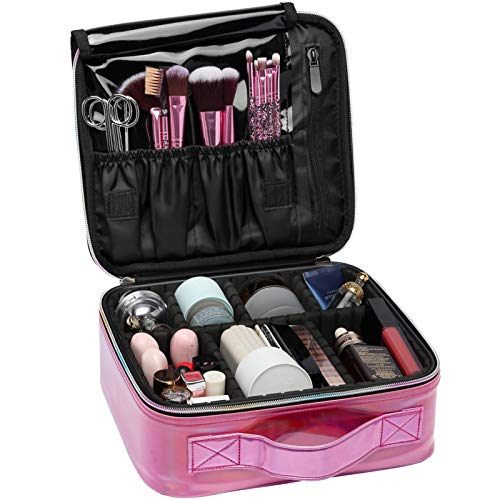 Makeup Case, Cambond Holographic Makeup Bag Professional Makeup Train Case Large PVC Cosmetic Bag Makeup Organizer with Adjustable Dividers for Cosmetics Make Up Tools Toiletry Jewelry, Pink