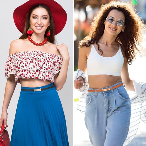 2Pcs Women's PU Leather Skinny Belt, Thin Waist Belt Soft Slim Waistband Alloy Gold Buckle Belt for Dress Pants Jeans4