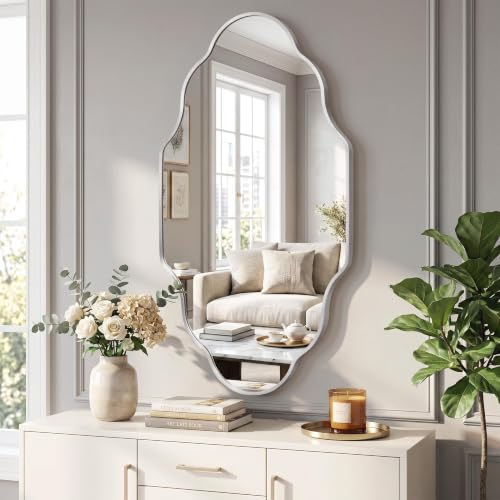 Image of Scalloped Silver Bathroom Mirror, Irregular Wall Decorative Mirror | Brushed Metal Frame, HD Glass Decorative Mirror for Wall Decor, Vanity Mirror for Living Room Entryway (20 inch x 36 inch, 1 Pack)
