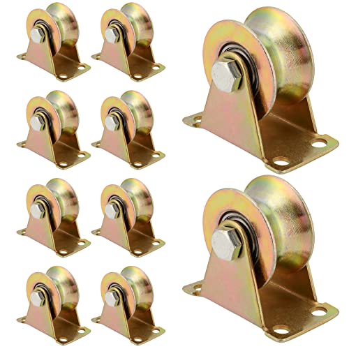 MANCHAP 10 Pack 2 Inch U Groove Wheel Pulley, Steel U-Type Groove Wheel, Rigid Caster with Bracket Sliding Gate Rollers for Inverted Track, Rolling Gate, Wire Rope Rail, Loading 660 Lbs