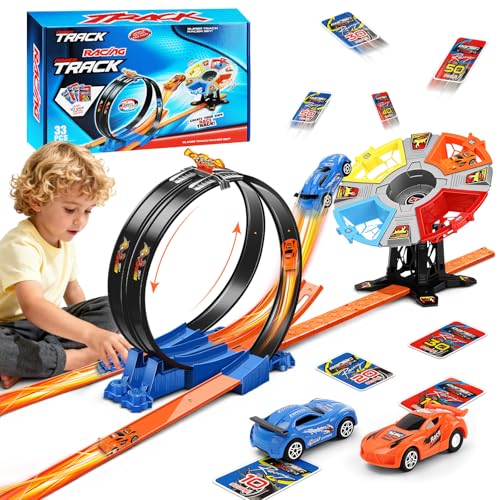 Charmofun Autorennbahn für Kinder, Strecke Spielzeug Set, Rennstrecke Auto Spielzeug mit Loopings, Dual Auto Slotcar Rennbahn Set für Kinder ab 3 Jahre