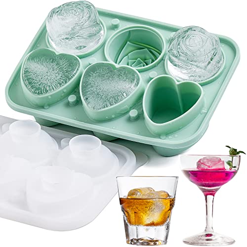 3 Rose & 3 Heart Shaped Ice Cube Tray, Meetrue Silicone Ice Cube Tray With Clear Funnel-Type Lid Novelty Rose Ice Cube Mold Ice Ball Maker Mold Ice Tray For Cocktails Whiskey Chilled Drinks,Green #TOP27