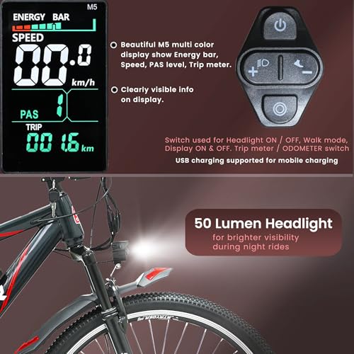 Image of Stryder ARCUS 27.5T Electric Cycle for Men and Women with 36V 11.6Ah Removable Lithium Battery, 5 inch Multi-Color LCD Display, Mobile Charging Port, Headlight and Safety Brake Sensor
