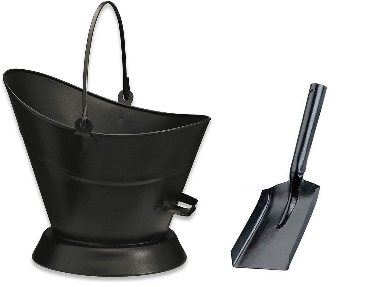 Srendi Black Waterloo Bucket + Shovel Heavy Duty Metal Fireside Waterloo Bucket Fireplace Hod Scuttle Coal Fuel Ash Wood Log Storage Option With Shovel And Poker (Black Waterloo Bucket + Shovel)