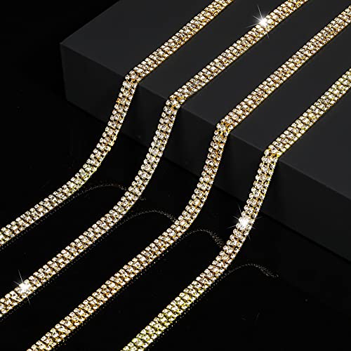 3 Rows Crystal Rhinestone Close Chain Trim For Crafts (White Rhinestone With Gold Base,3 Yard X 0.47 Inch) #TOP2