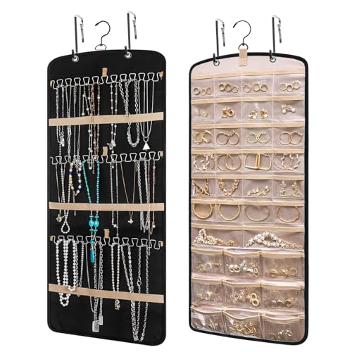 Over the Door Jewelry Organizer Hanging: Double-Sided Storage with 28 Small 2 Large 9 Medium Pockets for Earrings Necklaces Rings Durable Polyester for Door or Closet or Wall or Glass (Black)