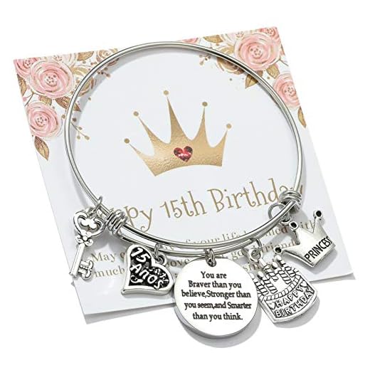Miss Pink 15th Birthday Jewelry Gifts for Her Stainless Steel Expandable Bangle 15 Year Old Charm Bracelets for Daughter Granddaughter
