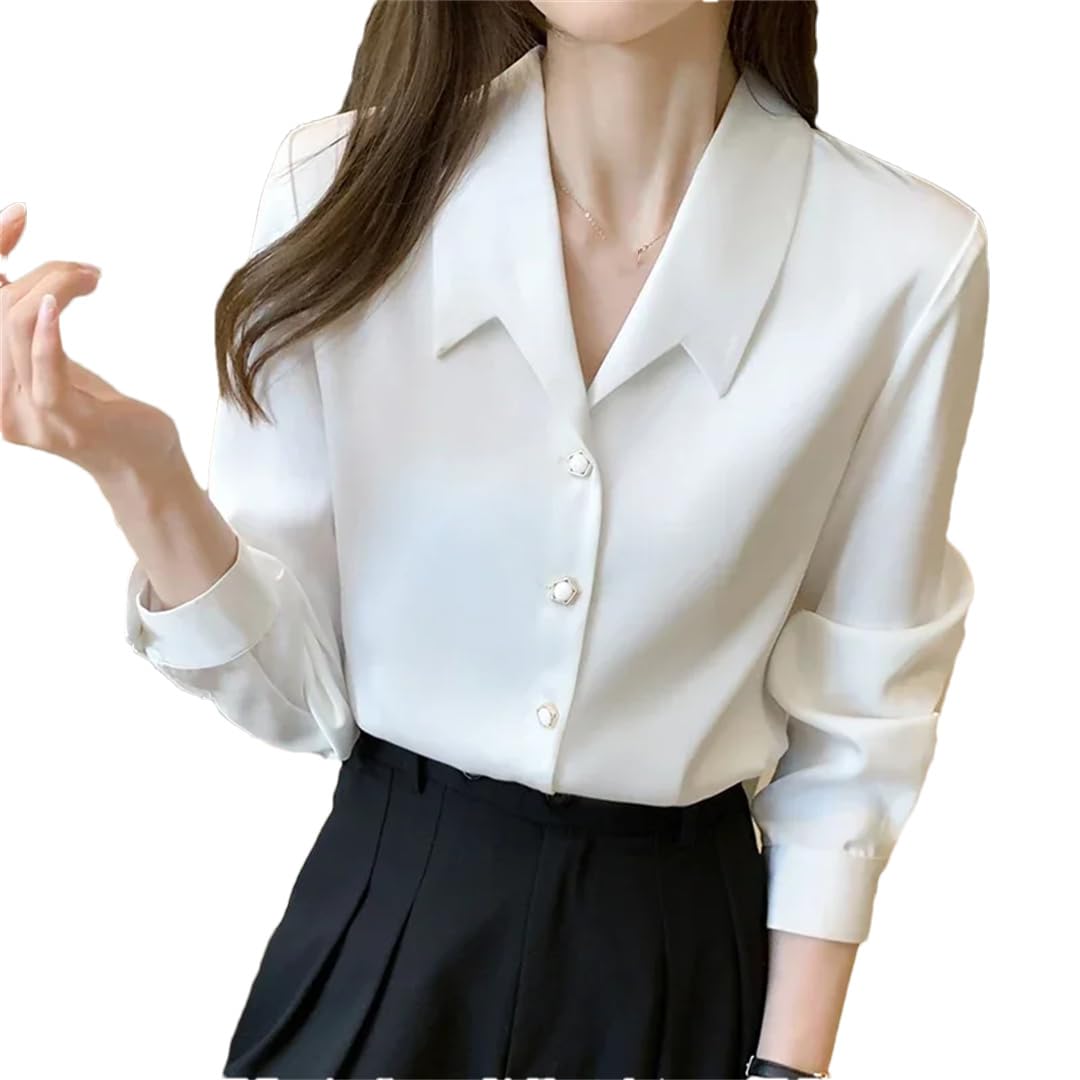 Blusas de satén para mujer, de manga larga, elegante, básica, con botones, de manga larga, simple, formal, casual