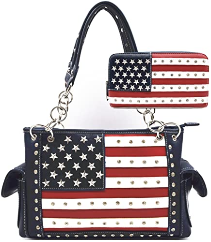 American Flag USA Stars and Stripes Patriotic Leather Purse Women Rhinestone Country Handbag Wallet Set Red White and Blue