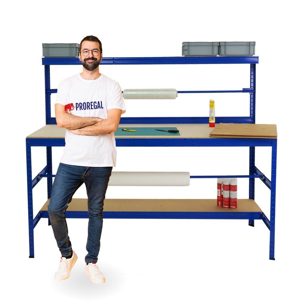 PROREGAL Tavolo da imballaggio Tiger | Portata 300 kg | AxLxP 150x180x75 cm | Blu