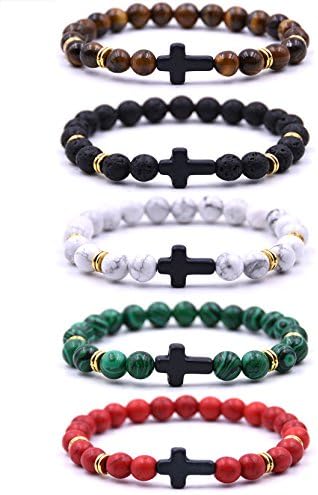 EVELICAL 5Pcs Bead Bracelet for Men Women Lava Rock Stone Cross Bracelet Elastic