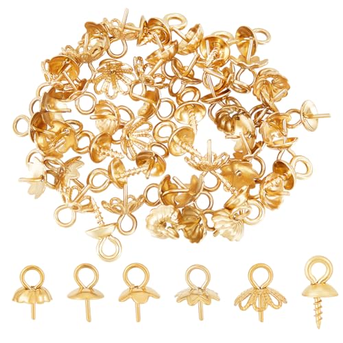 UNICRAFTALE 60 pcs 6 Style Stainless Steel Cups Pearl Peg Bails Pin Pendants Golden Flower Caps Eye Pin Bail Caps Screw Eye Pins Eye Screws for Half Drilled Bracelet Jewelry Making