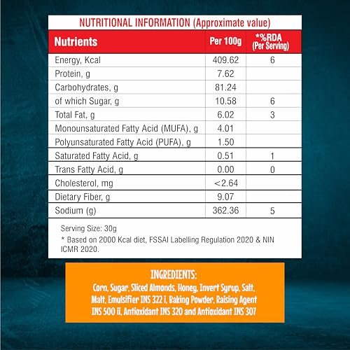 Image of 8:00 AM Corn Flakes Honey & Almond 300 Gram, No Cholesterol, Trans Fat, Artificial Additives, Source Of Fiber, Iron & Calcium, Crunchy & Nutritious Whole Grain Breakfast Cereal